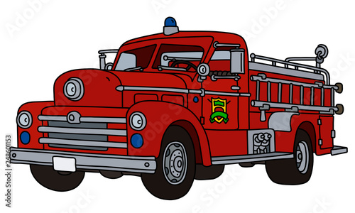 The vectorized hand drawing of an old red fire truck