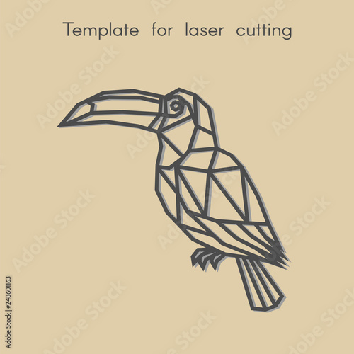   Template animal for laser cutting. Abstract geometric toucan for cut. Stencil for decorative panel of wood, metal, paper. Vector illustration.