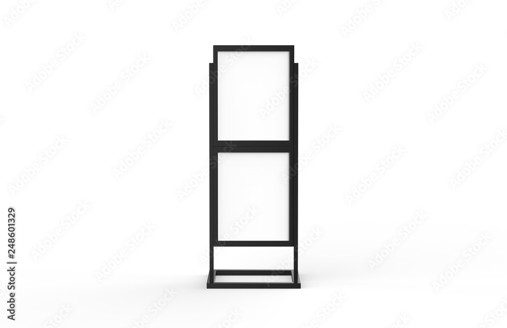 Free standing poster display holder metal stand, mock up template on isolated white background, ready for design presentation, 3d illustration Free standing poster display holder metal stand, mock up template on isolated white background, ready for design presentation, 3d illustration