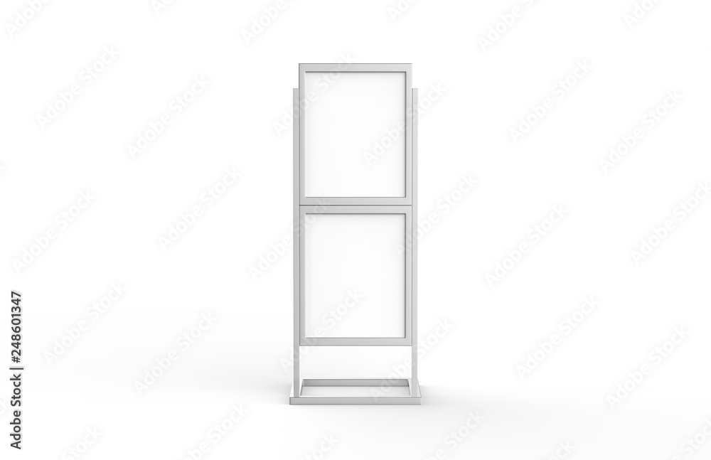 Free standing poster display holder metal stand, mock up template on isolated white background, ready for design presentation, 3d illustration Free standing poster display holder metal stand, mock up template on isolated white background, ready for design presentation, 3d illustration