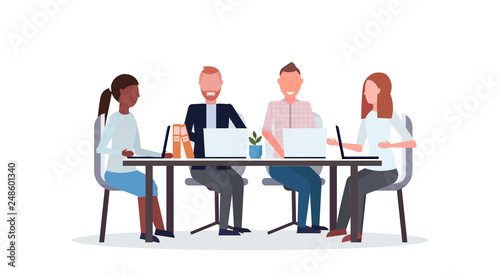 businesspeople group meeting conference mix race coworkers using laptop sitting at round table co-working center workspace flat isolated horizontal