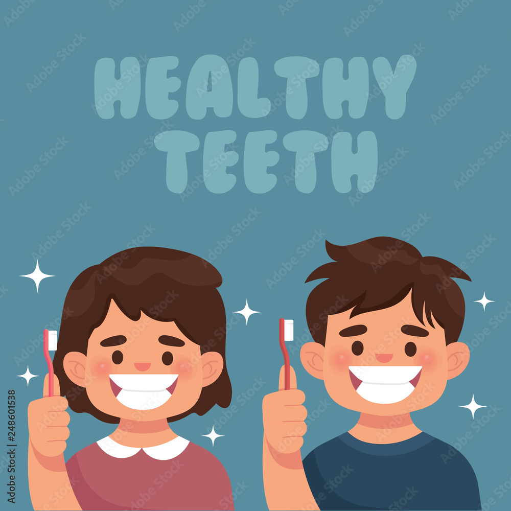 vector illustration of kids show their healthy white teeth and holding ...