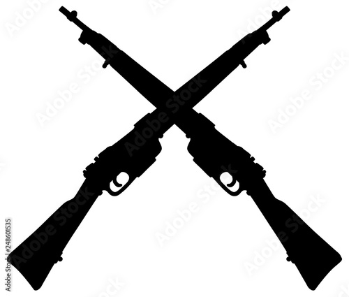 The vectorized hand drawing of a black silhouette of two old military rifles