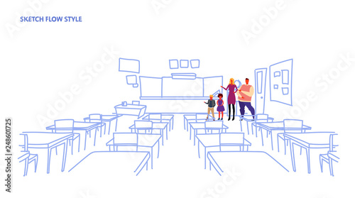 parents with children standing school class room interior board desk sketch flow style horizontal