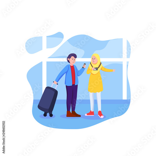 Young Couple Travellers at Airport Illustration Flat Vector © Vectorism