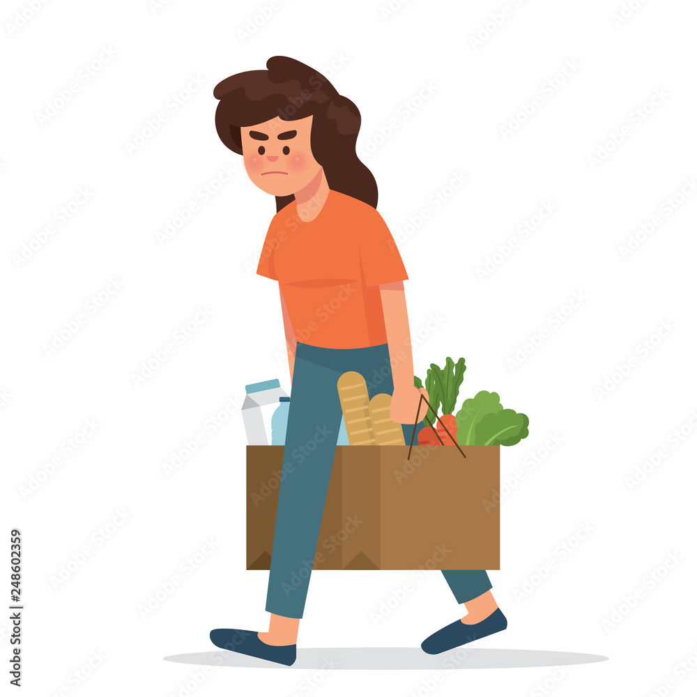 upset woman holding heavy shopping bag woman holding heavy shopping bag from grocery store Stock Vektorgrafik Adobe Stock