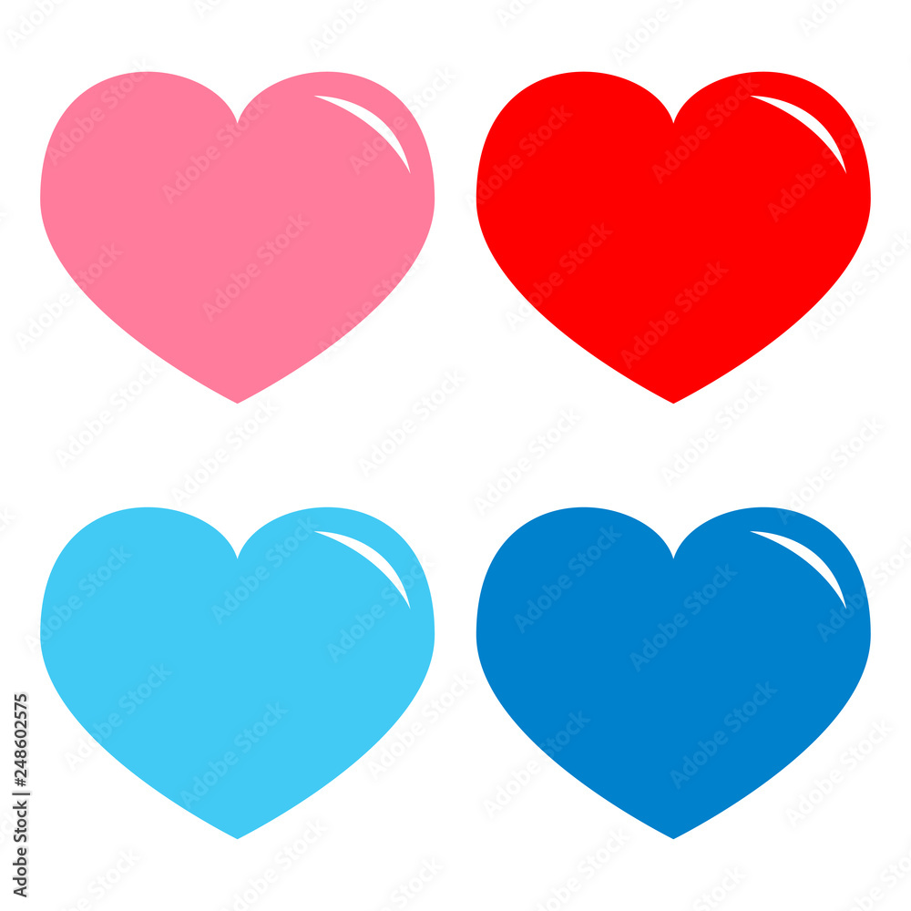 Pink, red, blue heart shining icon set. Happy Valentines day sign symbol simple template. Cute graphic object. Love greeting card. Flat design style. Isolated. White background.