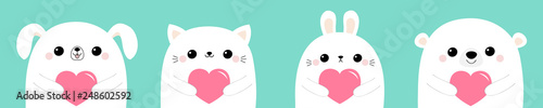 Happy Valentines Day. White dog puppy rabbit hare cat kitten bear head face set holding pink paper heart. Cute cartoon kawaii funny baby animal character. Flat design. Love card. Blue background.