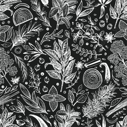 Culinary herbs and spices seamless pattern. Vector background for design menu, packaging, recipes, label, farm market products. Hand drawn vintage botanical illustration on chalk board.