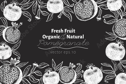 Pomegranate fruit design template. Hand drawn vector fruit illustration on chalk board. Engraved style vintage botanical background. Can be use for design menu, packaging, recipes, market products.