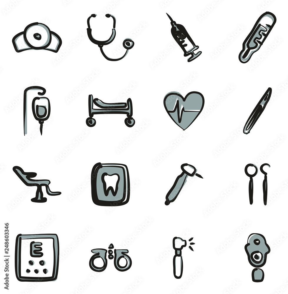 Medical Equipment or Medical Device Icons Freehand 2 Color