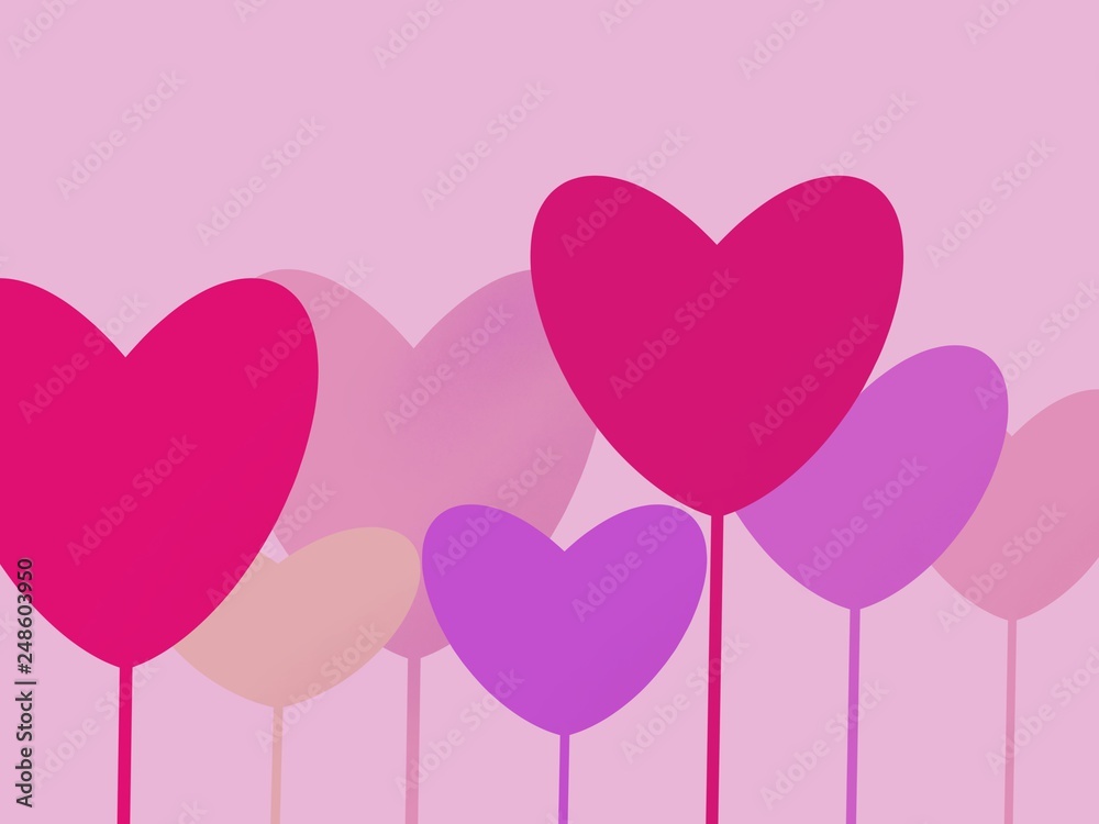 Many colorful heart balloons on pink background.