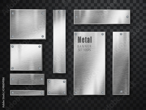 Metal banners set realistic. Vector Metal brushed plates with a place for inscriptions isolated on transparent background. Realistic 3D design. Stainless steel background.