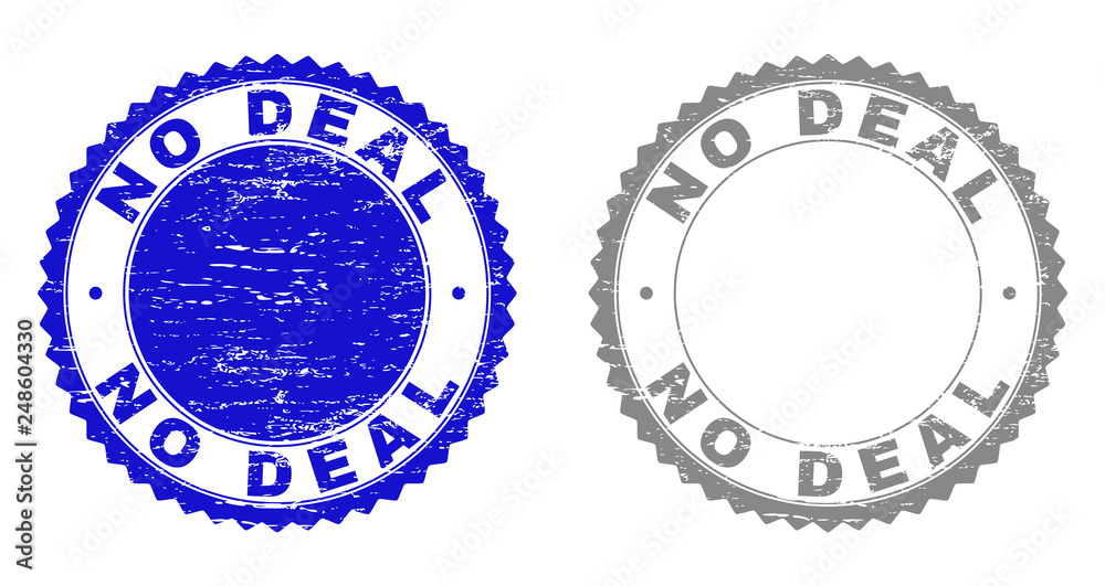 Grunge NO DEAL stamp seals isolated on a white background. Rosette seals with grunge texture in blue and grey colors. Vector rubber stamp imprint of NO DEAL label inside round rosette. Grunge NO DEAL stamp seals isolated on a white background. Rosette seals with grunge texture in blue and grey colors. Vector rubber stamp imprint of NO DEAL label inside round rosette.