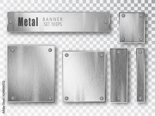 Metal banners set realistic. Vector Metal brushed plates with a place for inscriptions isolated on transparent background. Realistic 3D design. Stainless steel background.