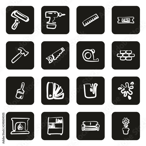 Home Decorating or Home Remodeling Icons Freehand White On Black 