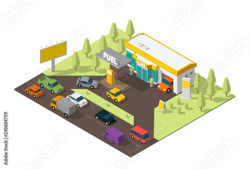Gas station. Refilling, road shop, repair service. Petroleum filling station and cars. Petrol fuel tank, gasoline. Colorful vector isometric view.
