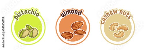 Three stickers with different nuts. Pistachio, almond and cashew.