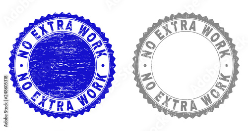 Grunge NO EXTRA WORK stamp seals isolated on a white background. Rosette seals with grunge texture in blue and grey colors. Vector rubber overlay of NO EXTRA WORK caption inside round rosette.