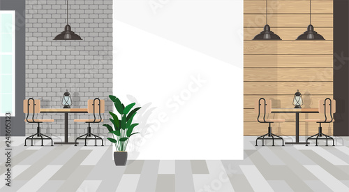 The interior of the cafe in gray tones with a white wall fragment. Minimalistic wooden furniture made of wood and black metal. Vector flat illustration.