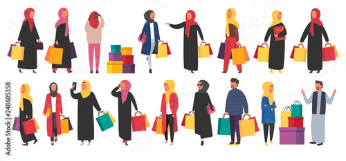 Shopping muslim people with bags. Vector sale illustration
