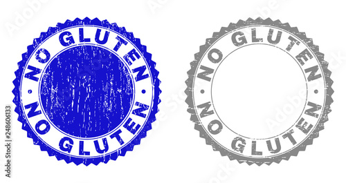 Grunge NO GLUTEN stamp seals isolated on a white background. Rosette seals with grunge texture in blue and gray colors. Vector rubber stamp imprint of NO GLUTEN text inside round rosette.