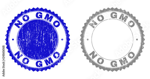 Grunge NO GMO stamp seals isolated on a white background. Rosette seals with grunge texture in blue and grey colors. Vector rubber stamp imprint of NO GMO title inside round rosette.