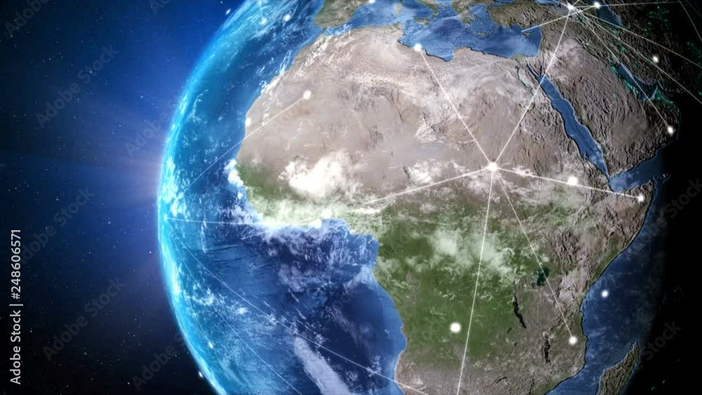 3D Rendering globe with network line spinning and orbit in the universe with lighting effect and dark grain processed world map image source from NASA 