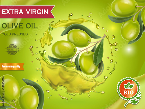 Olive oil design banner with olive branch on green smooth background Ad realistic illustration