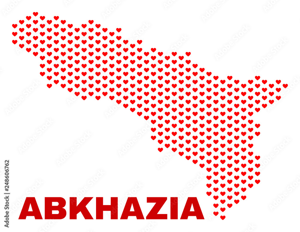 Mosaic Abkhazia map of valentine hearts in red color isolated on a white background. Regular red heart pattern in shape of Abkhazia map. Abstract design for Valentine illustrations. Mosaic Abkhazia map of valentine hearts in red color isolated on a white background. Regular red heart pattern in shape of Abkhazia map. Abstract design for Valentine illustrations.