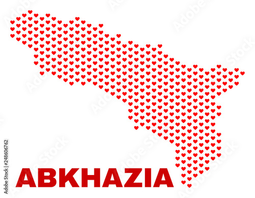 Mosaic Abkhazia map of valentine hearts in red color isolated on a white background. Regular red heart pattern in shape of Abkhazia map. Abstract design for Valentine illustrations.