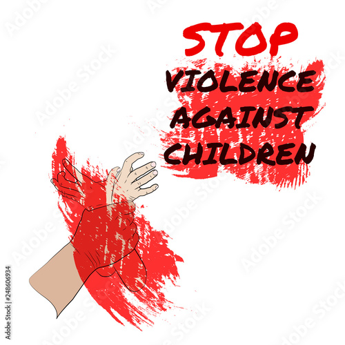 Stop violence against children. Red paint flat design vector illustration. Man's hand holding kid's hands. White background.