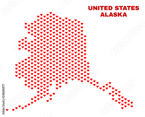 Mosaic Alaska map of heart hearts in red color isolated on a white background. Regular red heart pattern in shape of Alaska map. Abstract design for Valentine illustrations. photo