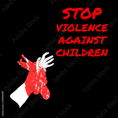 Stop violence against children. Red paint thin line design vector illustration. Man's hand holding kid's hands. Black background.