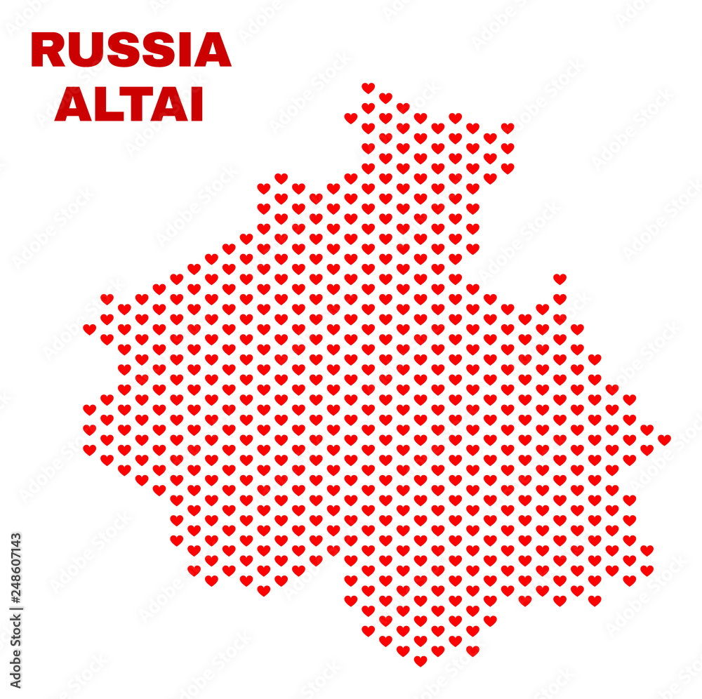 Mosaic Altai Republic map of valentine hearts in red color isolated on a white background. Regular red heart pattern in shape of Altai Republic map. Abstract design for Valentine illustrations.