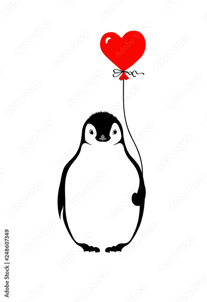 Fototapeta premium Vector isolated baby penguin graphic whith a heart balloon. 