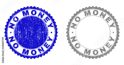 Grunge NO MONEY stamp seals isolated on a white background. Rosette seals with grunge texture in blue and grey colors. Vector rubber stamp imprint of NO MONEY caption inside round rosette. photo