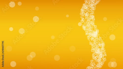 Craft beer background. Lager splash. Oktoberfest foam. restaurant banner concept. Pour pint of ale with realistic white bubbles. Cool liquid drink for Gold bottle with craft beer background.