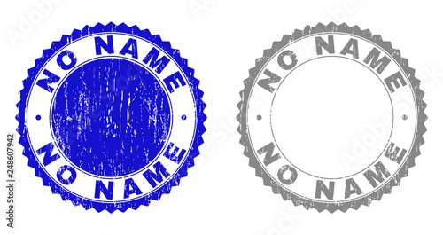 Grunge NO NAME stamp seals isolated on a white background. Rosette seals with distress texture in blue and grey colors. Vector rubber watermark of NO NAME tag inside round rosette.