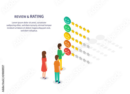 Customer review. Stars rating. Feedback emotion. Rating system isometric concept