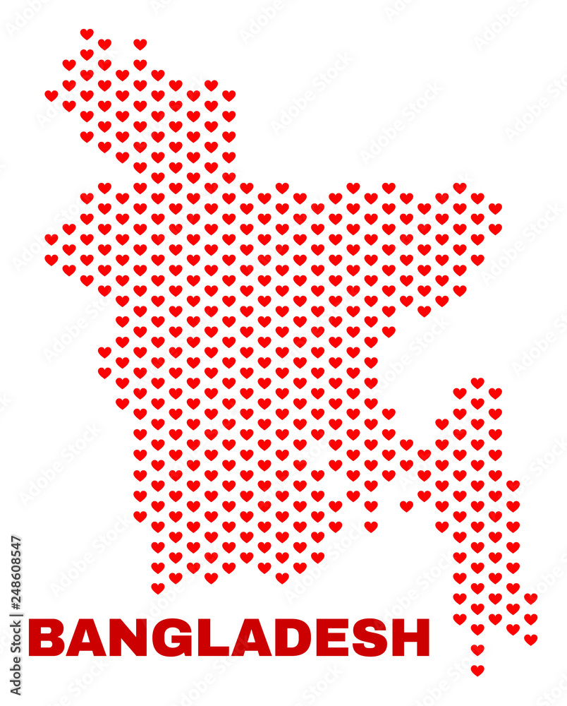 Mosaic Bangladesh map of valentine hearts in red color isolated on a white background. Regular red heart pattern in shape of Bangladesh map. Abstract design for Valentine decoration.