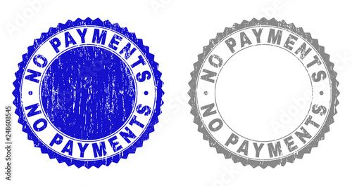 Grunge NO PAYMENTS stamp seals isolated on a white background. Rosette seals with grunge texture in blue and grey colors. Vector rubber stamp imitation of NO PAYMENTS caption inside round rosette.