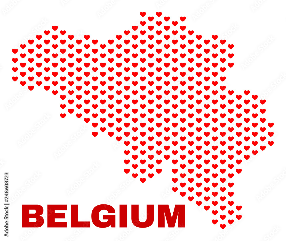 Mosaic Belgium map of heart hearts in red color isolated on a white background. Regular red heart pattern in shape of Belgium map. Abstract design for Valentine illustrations.
