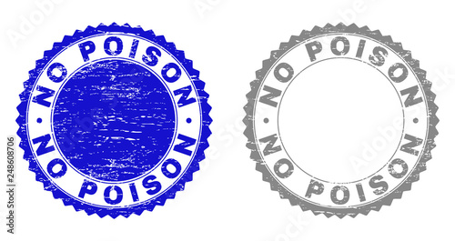 Grunge NO POISON stamp seals isolated on a white background. Rosette seals with grunge texture in blue and gray colors. Vector rubber stamp imprint of NO POISON text inside round rosette.