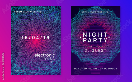 Music flyer. Modern discotheque banner set. Dynamic gradient shape and line. Neon music flyer. Electro dance dj. Electronic sound fest. Techno trance party. Club event poster. 