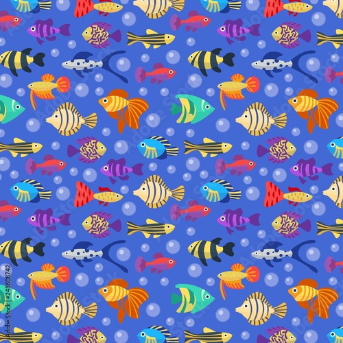 Fishes seamless pattern. Cute cartoon bright illustration with different colorful animals and bubbles. Underwater aquarium life. Flat illustration for children.