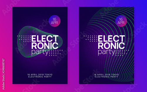 Music poster. Futuristic discotheque cover set. Dynamic gradient shape and line. Neon music poster. Electro dance dj. Electronic sound fest. Club event flyer. Techno trance party.