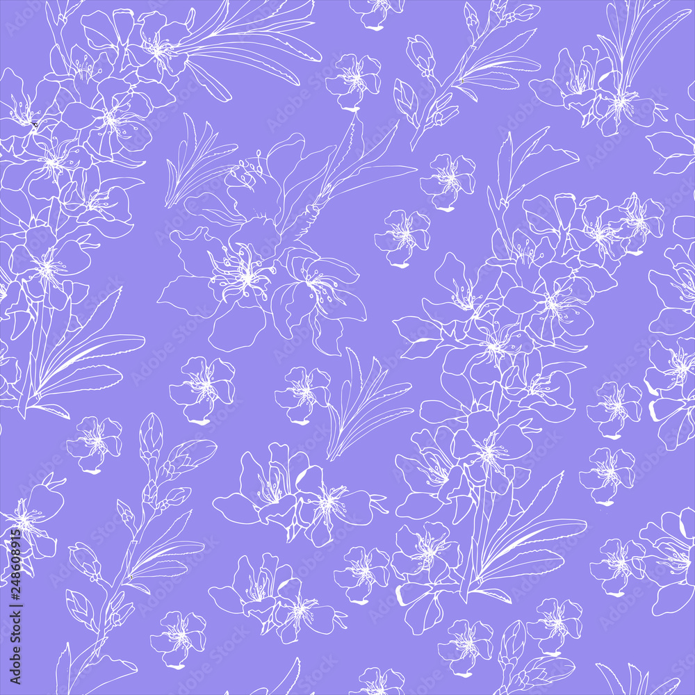 Floral purple background white contour flowers. Endless textures for romantic design, decoration, greeting cards, bed linen, invitations, advertising, tiles, fabrics.