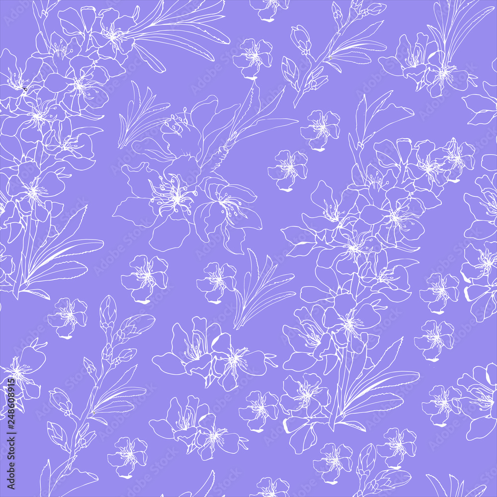 Floral purple background white contour flowers. Endless textures for romantic design, decoration, greeting cards, bed linen, invitations, advertising, tiles, fabrics. Floral purple background white contour flowers. Endless textures for romantic design, decoration, greeting cards, bed linen, invitations, advertising, tiles, fabrics.