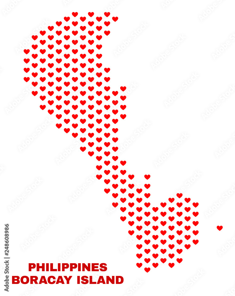 Mosaic Boracay Island map of love hearts in red color isolated on a white background. Regular red heart pattern in shape of Boracay Island map. Abstract design for Valentine decoration.